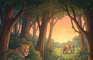 A lion and a bull were sitting down to dinner.