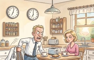 A husband (a doctor) and his wife are having a fight at the breakfast table: