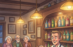 Four older men are walking down a street.