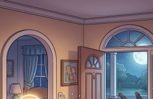 A father is listening to his young daughter say her bedtime prayers.
