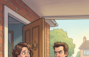 A woman is at home when she hears someone knocking at her door.
