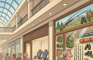 A couple is in a busy shopping mall.