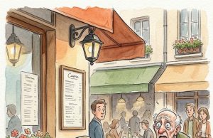 An elderly couple was sitting outdoors at a cafe